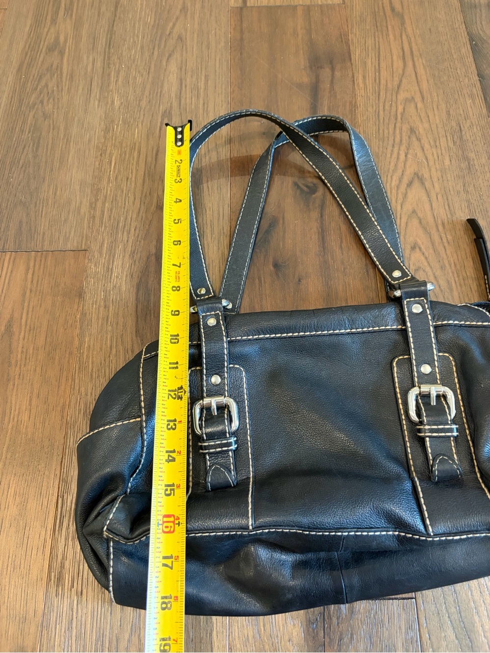 Fossil Black Leather Contrast Stitch Buckle Shoulder Bag Satchel - Picture 4 of 5